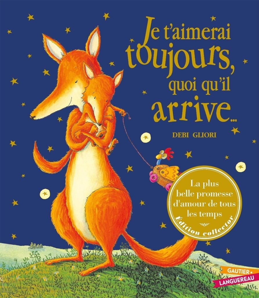 Couverture du livre Je t'aimerai toujours, quoi qu'il arrive... Une maman renard qui porte dans ses bras son petit renardeau dans un ciel étoilés.