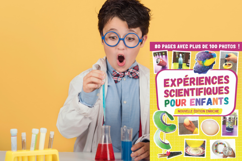 Un petit scientifique qui propose de découvrir le livre expériences scientifiques pour enfants, 80 pages avec plus de 100 photos à découvrir.