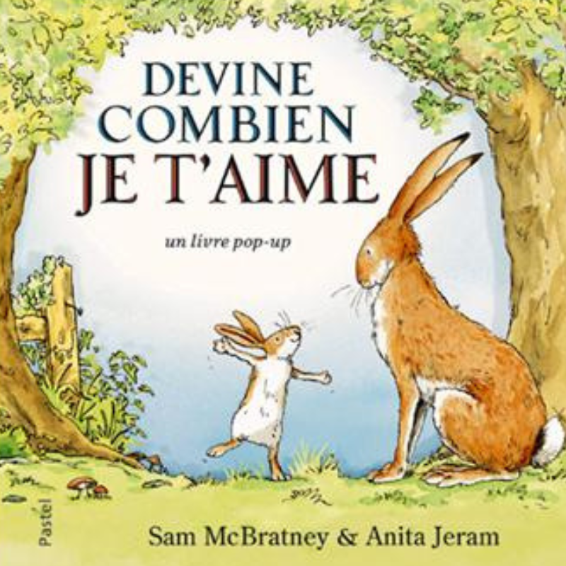 Couverture du livre Devine combien je t'aime ? un livre pop up avec un grand lièvre assis et petit lièvre debout qui s'agite et qui demande à son papa comment est ce qu'il aime.