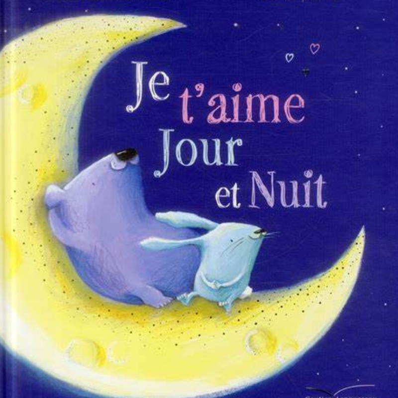 Couverture du livre Je t'aime jour et nuit. Un ours blanc allongé sur un croissant de lune et un petit lapin blanc qui regarde le ciel étoilés.