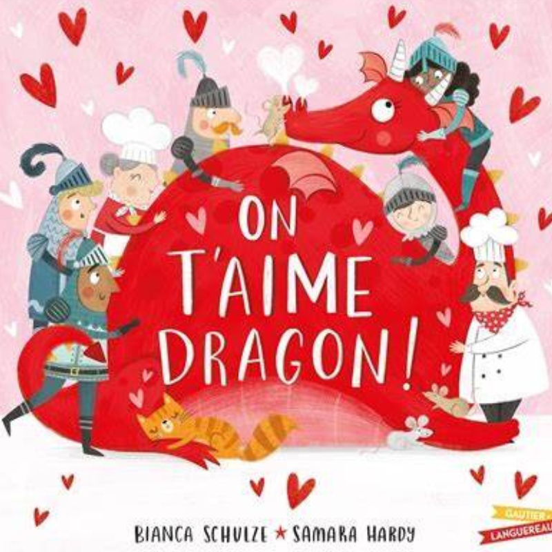 Couverture du livre on t'aime fort dragon, en image un dragon rouge avec pleins de chevaliers qui lui font des câlins.