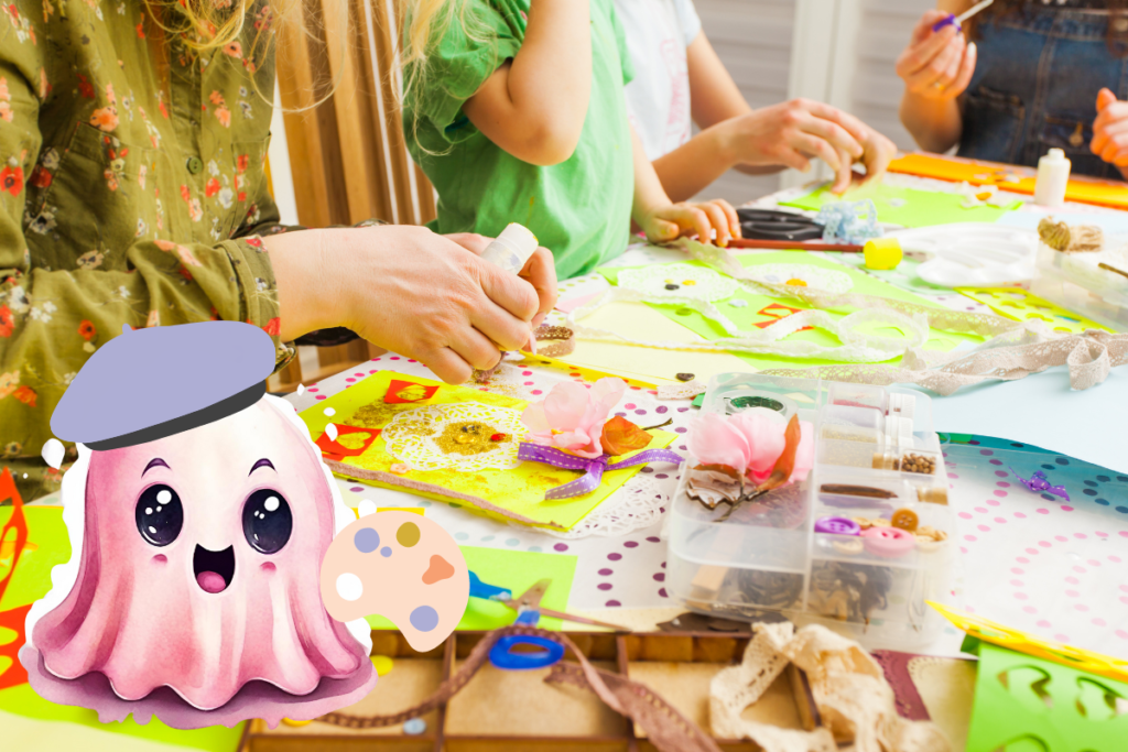 Un atelier créatif avec des enfants qui crée des cartes pour la Saint valentin accompagnée du Fantôme de l'Amour qui porte un béret d'artiste et une palette de peinture.