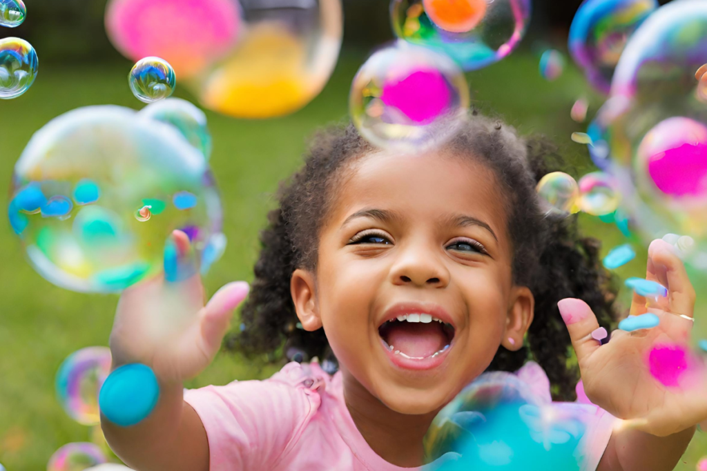 Un enfant qui est émerveillé à l'idée de jouer avec des bulles de savons.