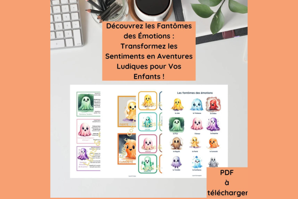 Template de mon PDF en vente sur Etsy: " Découvrez les fantômes des émotions: Transformez les sentiments en aventures ludiques pour vos enfants! Différentes activités et conseils sont à explorer.