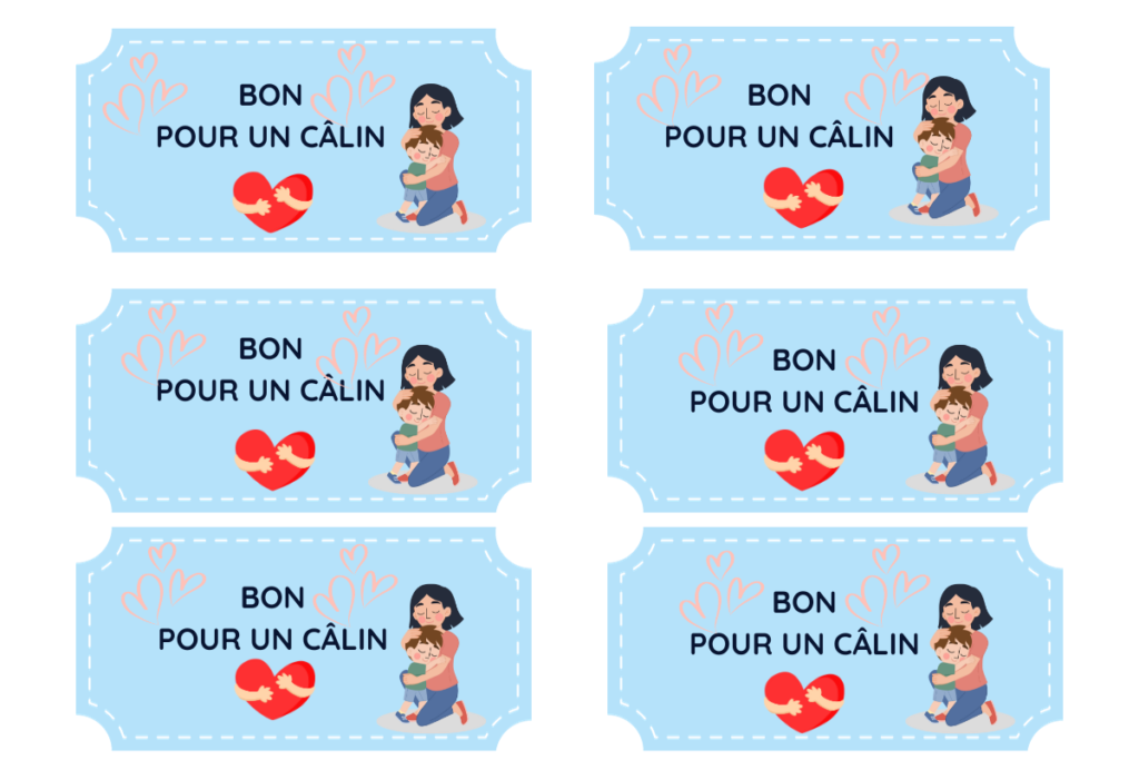 6 coupons "Bon pour un câlin" à télécharger et imprimer.