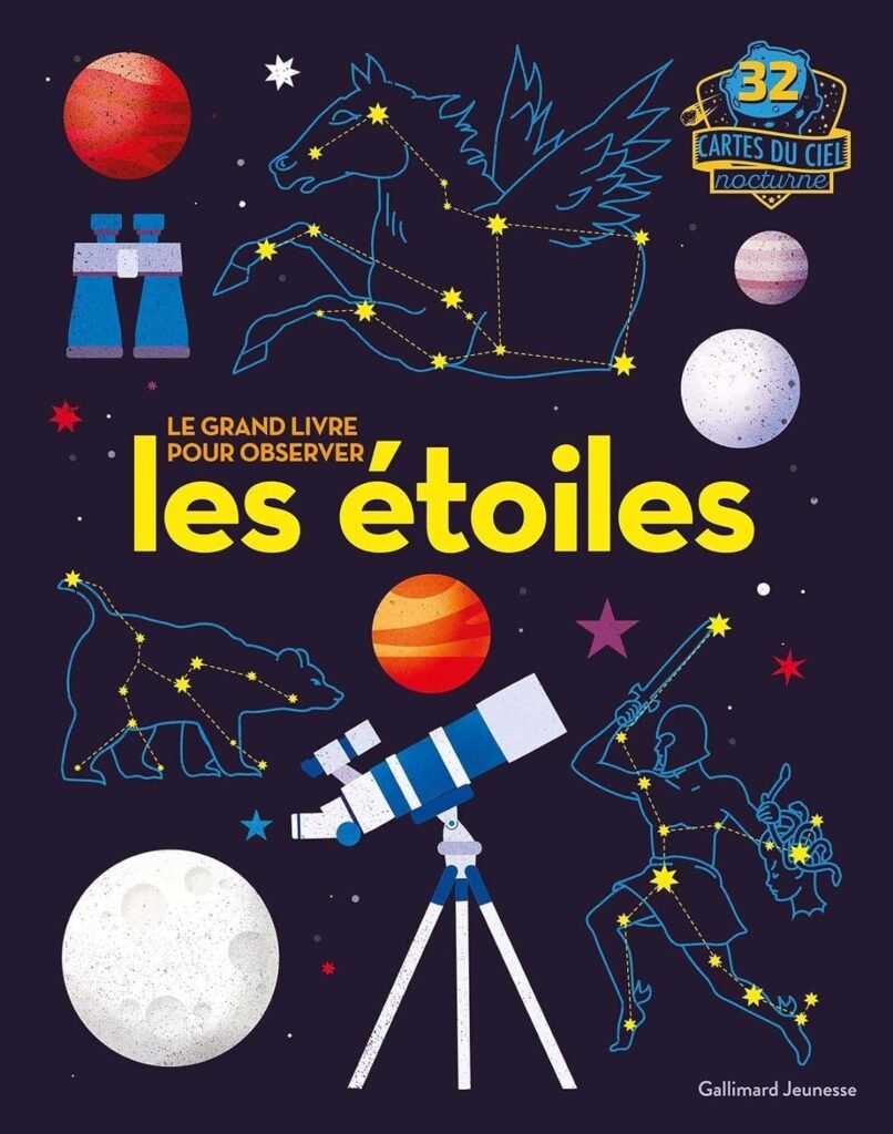 Couverture du livre : le grand livre pour observer les étoiles. Qu'est-ce qu'une constellation ? Pourquoi les étoiles parcourent elles le ciel ? Quels astres brillent le plus intensément en été ou en hiver ? Ce guide essentiel vous accompagne à travers l'éclatante multitude d'astres dans le firmament. En suivant quatre itinéraires détaillés en fonction des saisons, il vous permet d'identifier les 20 principales constellations visibles depuis nos latitudes et de localiser les étoiles les plus marquantes. Avec la carte du ciel nocturne qui s'illumine dans l'obscurité, incluse dans cet ouvrage, l'identification des étoiles et des constellations sur le terrain devient une expérience accessible tout au long de l'année. La voûte céleste se dévoile ainsi de manière claire et compréhensible !

Adapté pour les enfants de 8 à 12 ans, ce livre captivant peut également captiver l'attention des plus jeunes passionnés d'étoiles.